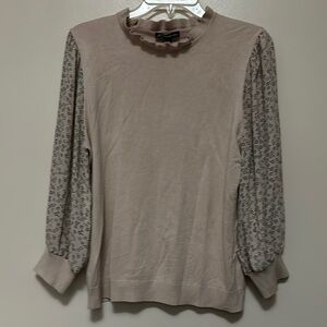 New Adrianna Papell Elegant Beige Sweater with Patterned Sleeves Size Large